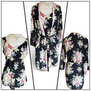 Vintage Oscar De La Renta Pink Label Floral Kimono Robe and Cami Set Black Pink